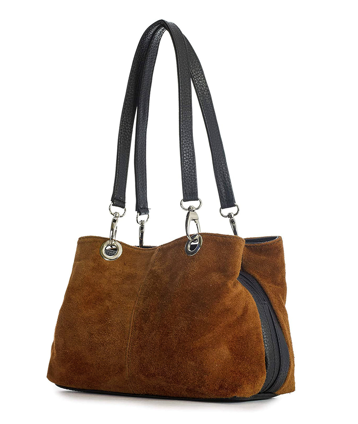 Real Italian Suede Vivid Colours Small 3 Compartments Tote Bag Stylish Shoulder Handbag - Brown image