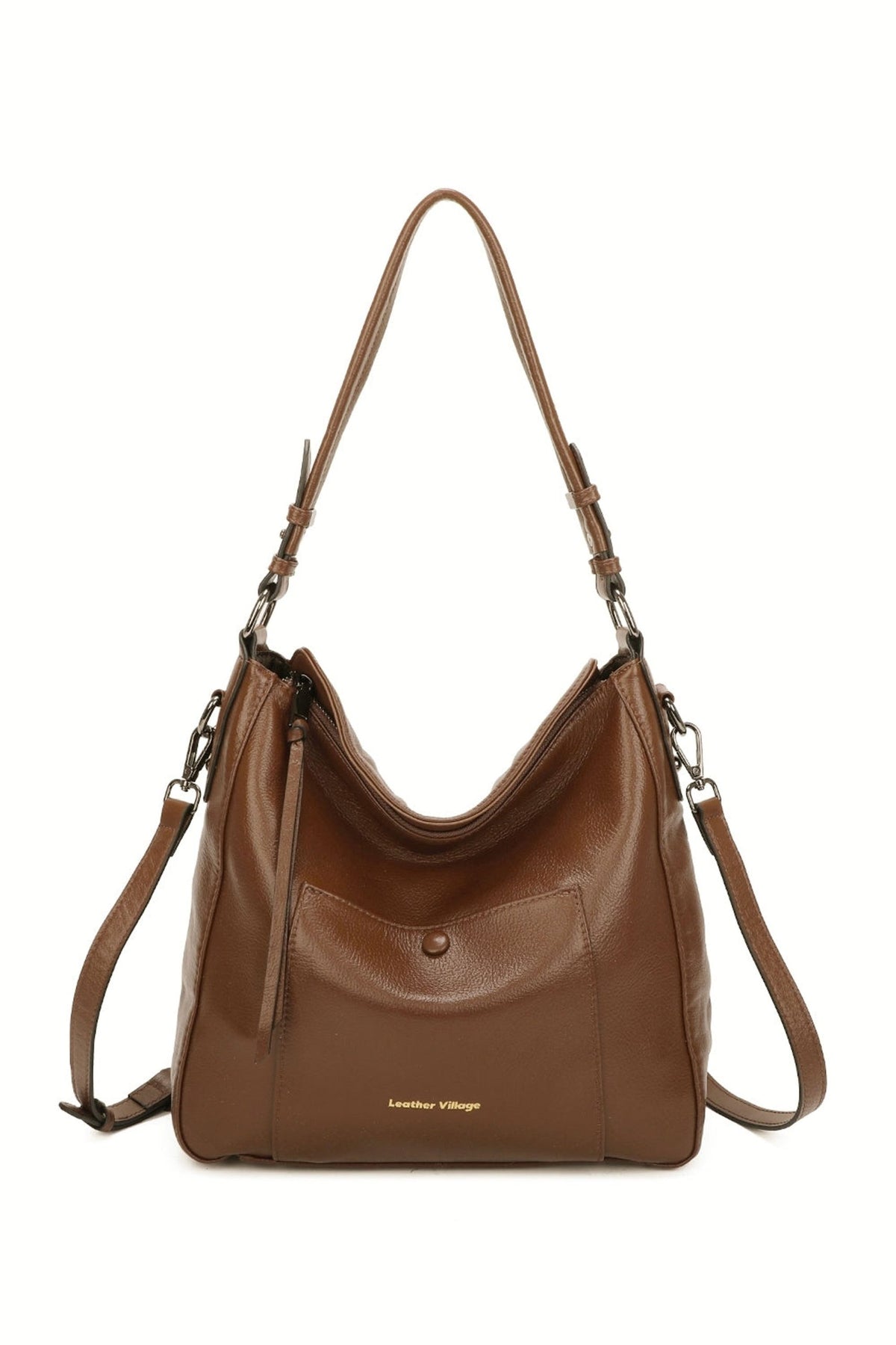 Genuine Leather Large Tote Shoulder Bag Front Pocket - BROWN image