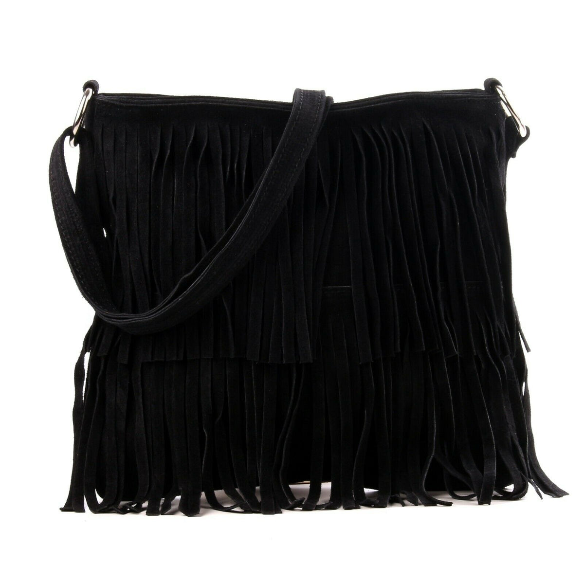 Italian Real Suede Leather Fringed Shoulder - Cross body Handbag - Black image