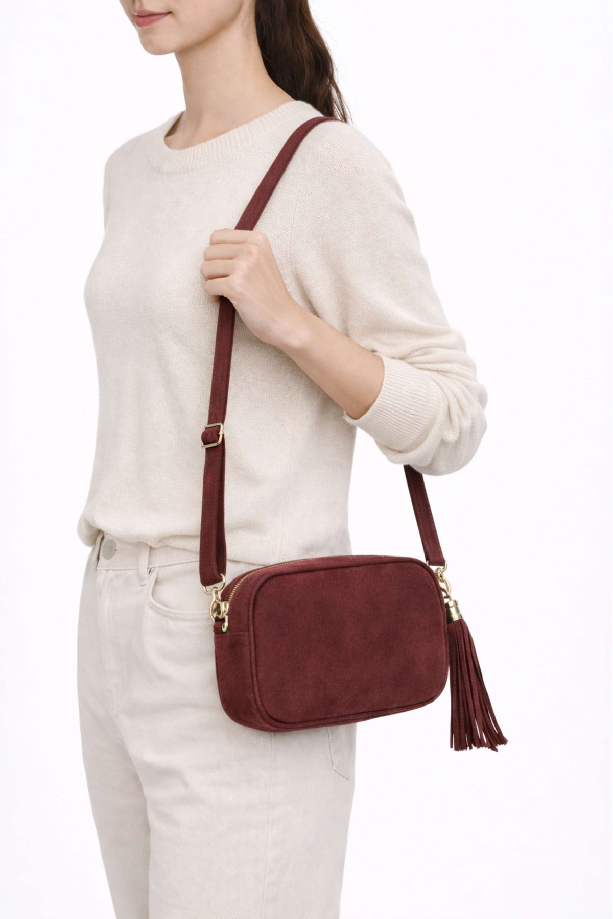 Genuine Italian Suede Leather Crossbody Bag with Tassel Zip image 2