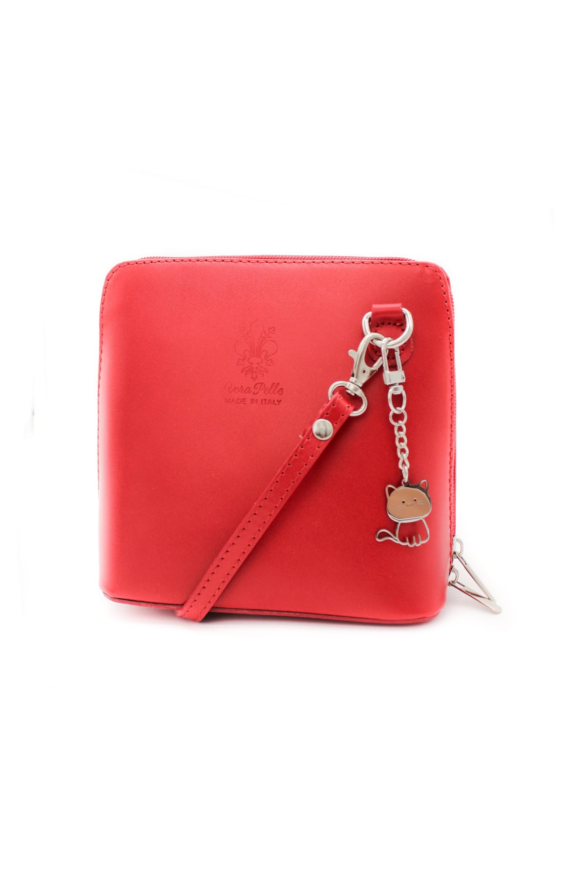 Small Italian Leather Handbag Crossbody Bag With Kitise Kitty Charm - Red image