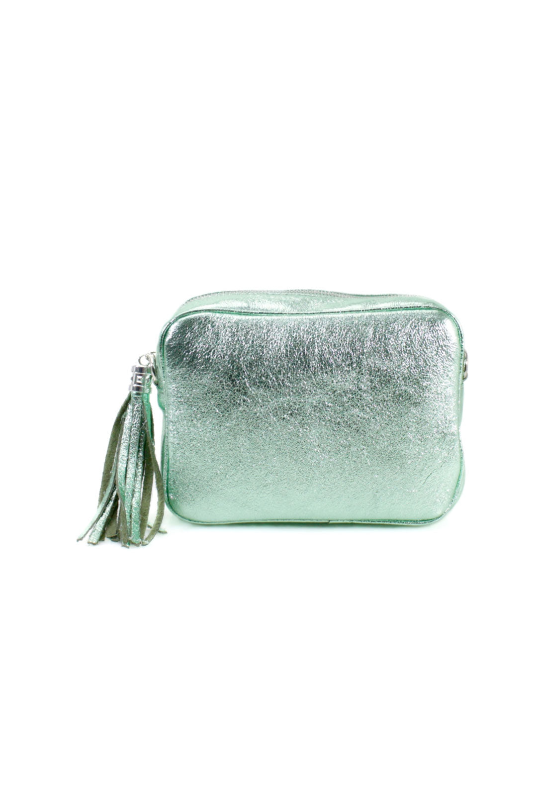 Tassel Charm Genuine Italian Leather Camera Handbag Crossbody Bag - Green Metallic image