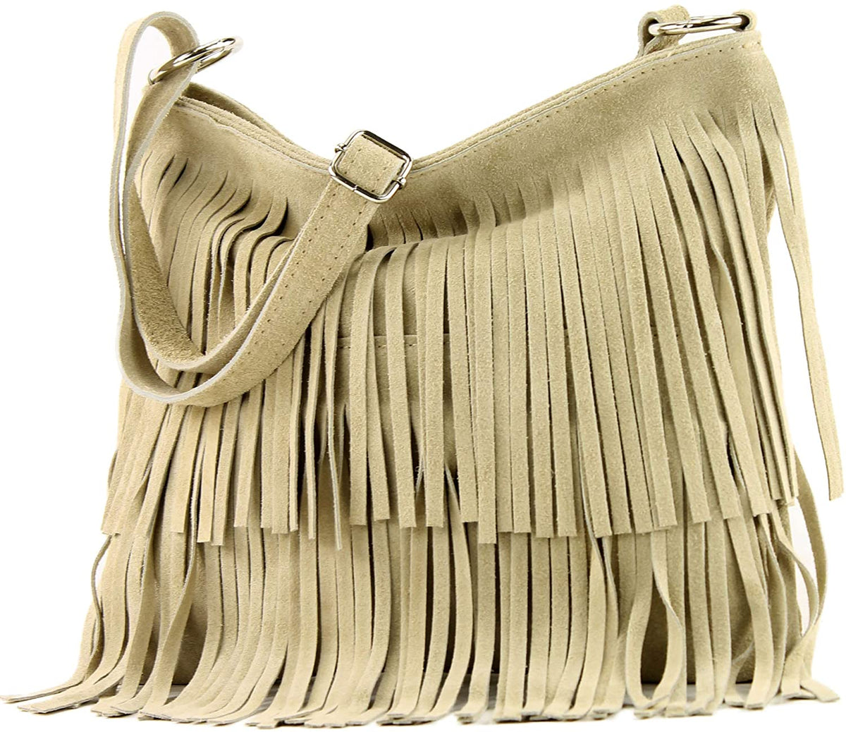Italian Real Suede Leather Fringed Shoulder - Cross body Handbag - Beige image