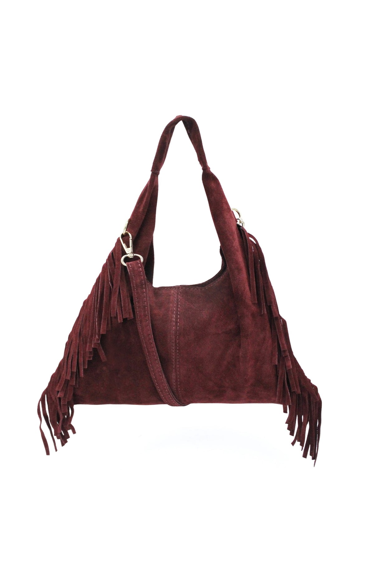 Italian Genuine Suede Fringe Crossbody Shoulder Bag - Wine image