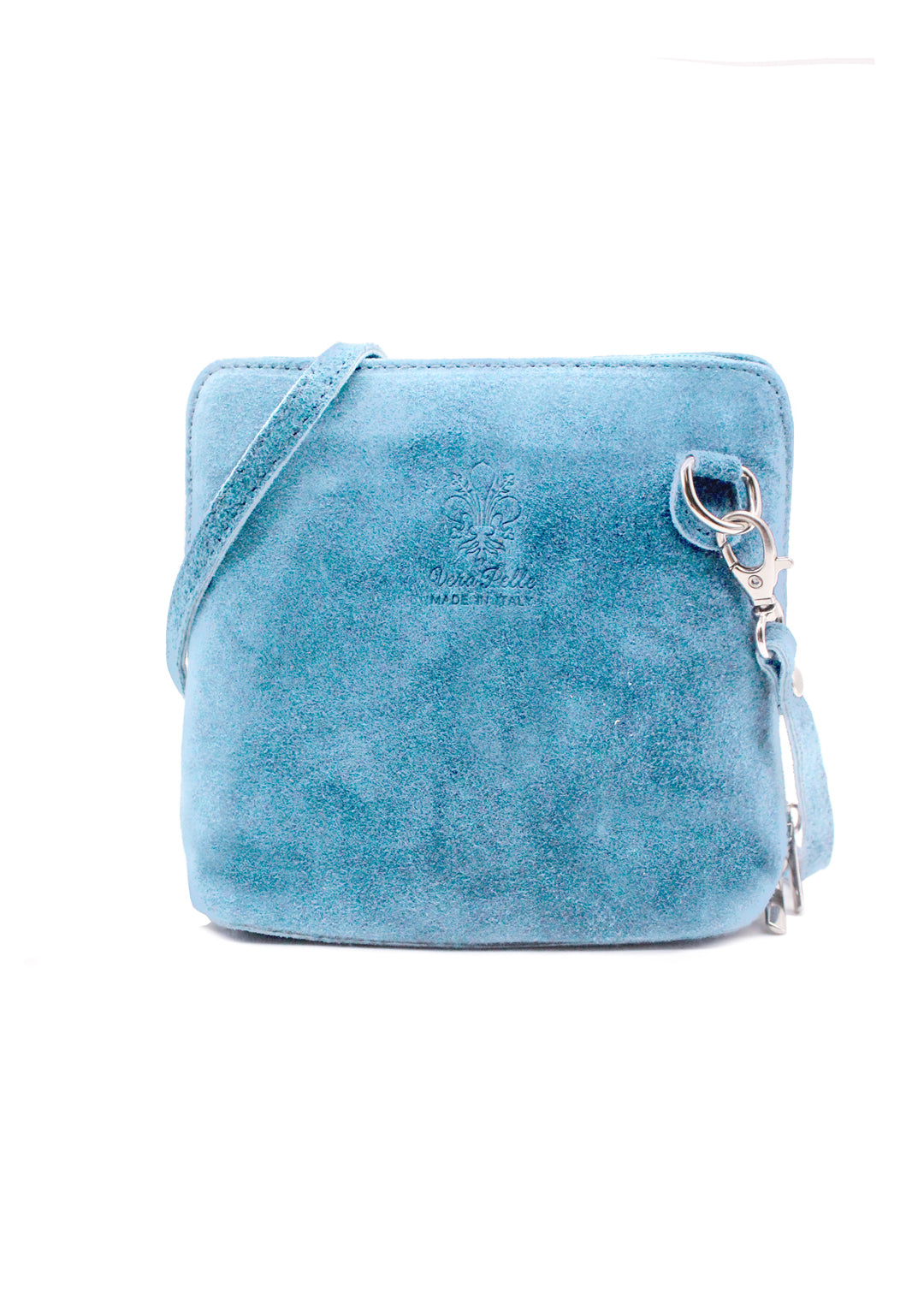 Small Genuine Italian Suede Leather Zip Around Crossbody Bag - Light Blue image