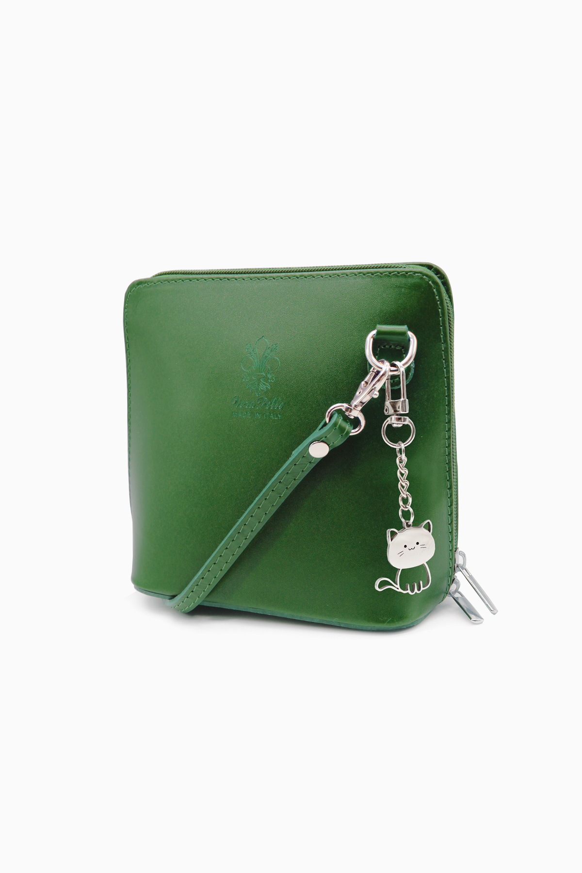 Small Italian Leather Handbag Crossbody Bag With Kitise Kitty Charm - Dark Green image
