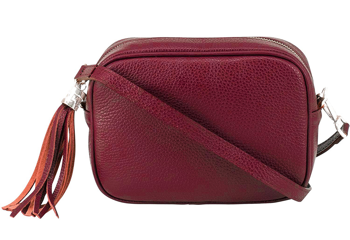 Tassel Charm Genuine Italian Leather Camera Handbag Crossbody Bag - Burgundy image