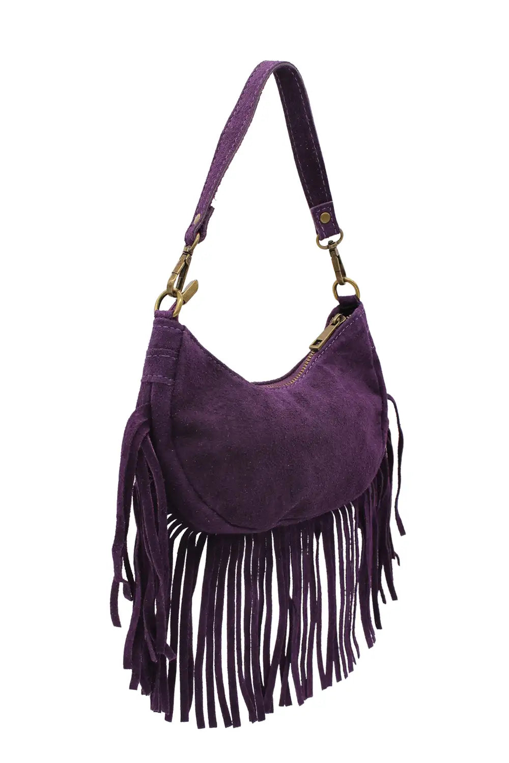 Small Genuine Italian Suede Fringed Crossbody Shoulder Bag - PURPLE image