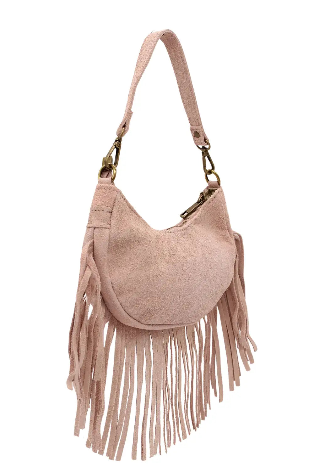 Small Genuine Italian Suede Fringed Crossbody Shoulder Bag - PINK image