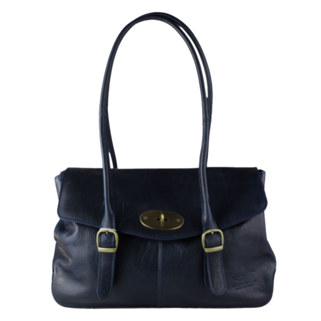 Classic Vintage Buckle Genuine Leather Shoulder Bag - NAVY image