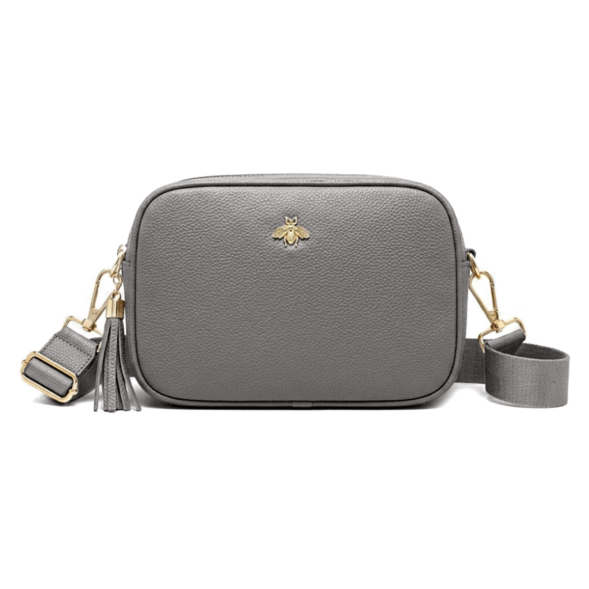 Genuine Leather Bee Logo Tassel Crossbody Camera Handbag - GREY image