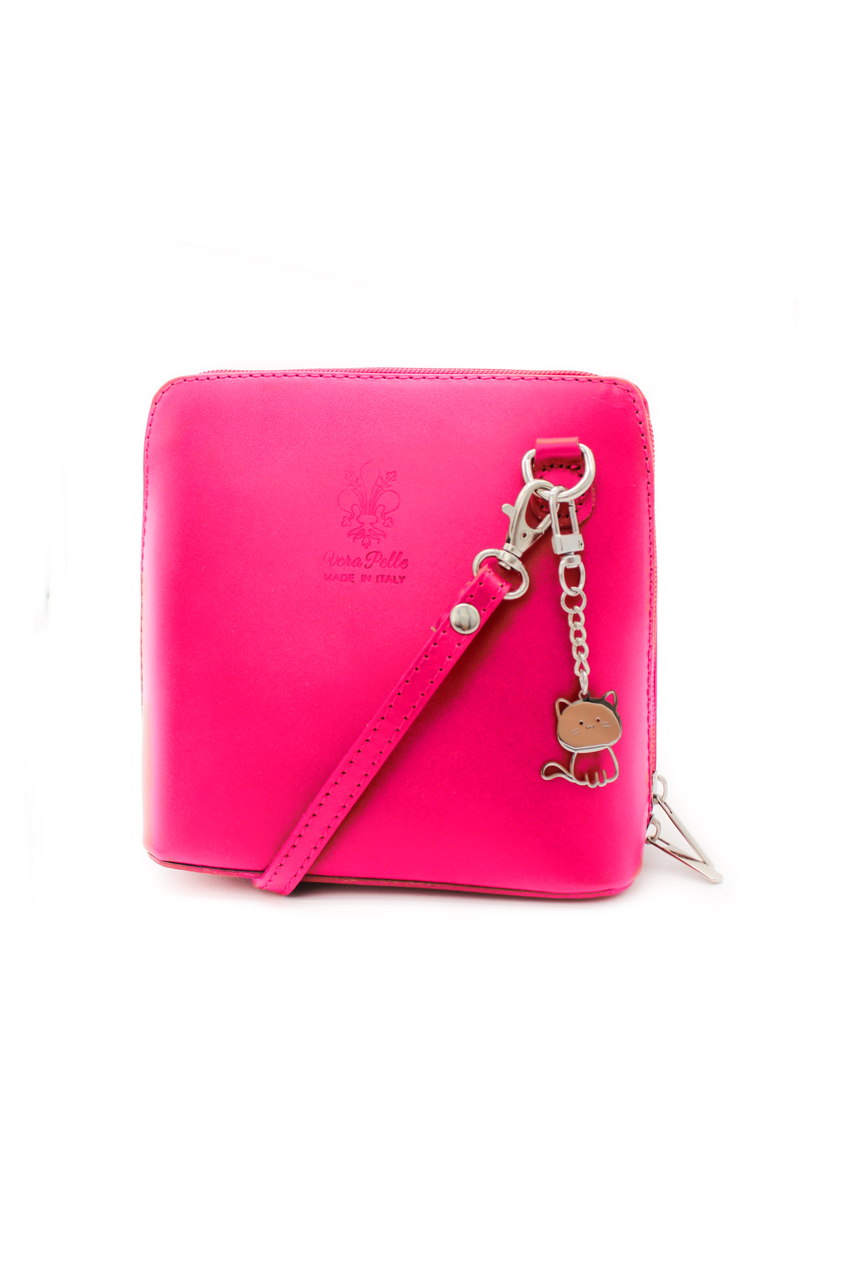 Small Italian Leather Handbag Crossbody Bag With Kitise Kitty Charm - Fuchsia image