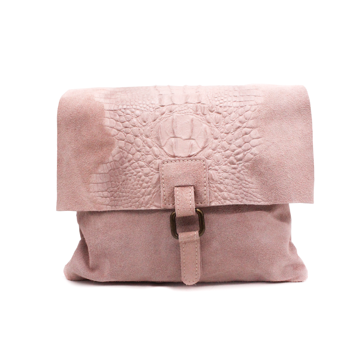 Italian Soft Suede Leather Croc Skin Pattern Flap Over Small Crossbody Bag - Pink image