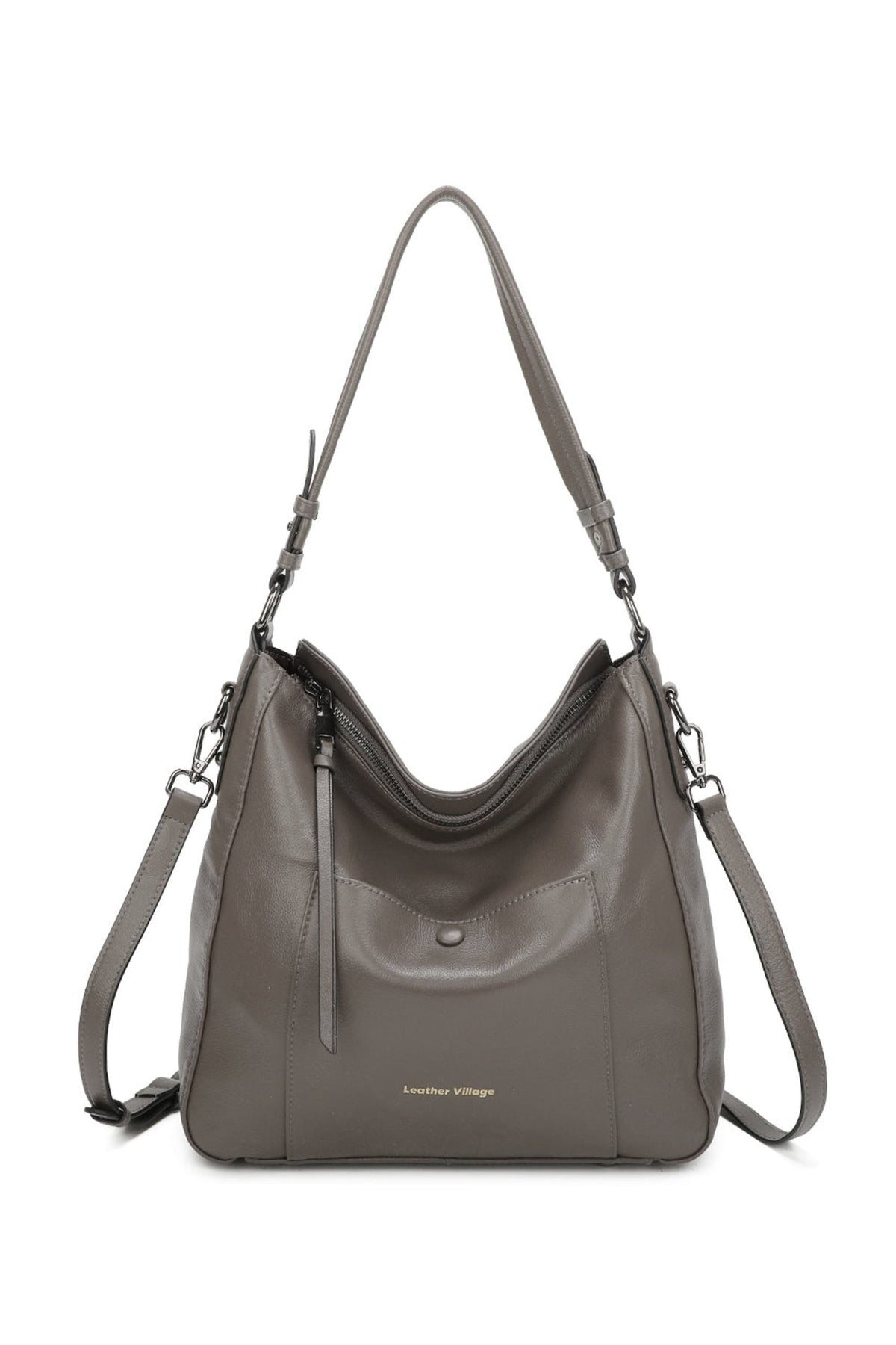 Genuine Leather Large Tote Shoulder Bag Front Pocket - DARK GREY image