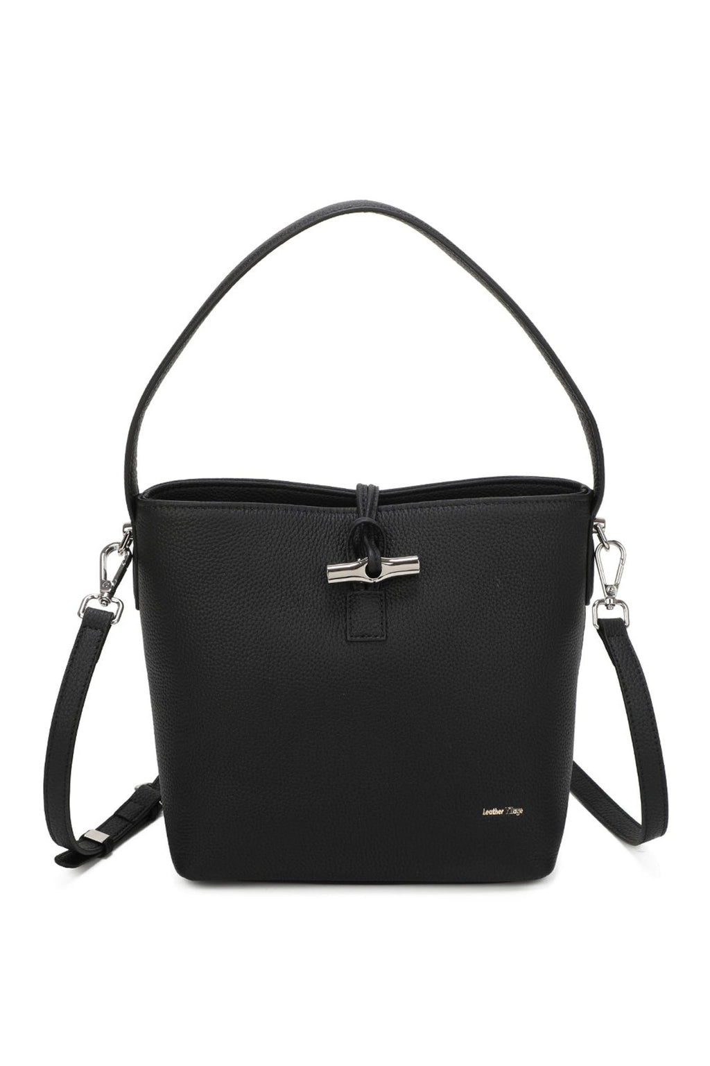 Real Leather Bucket Shoulder Handbag with Toggle Closure - BLACK image