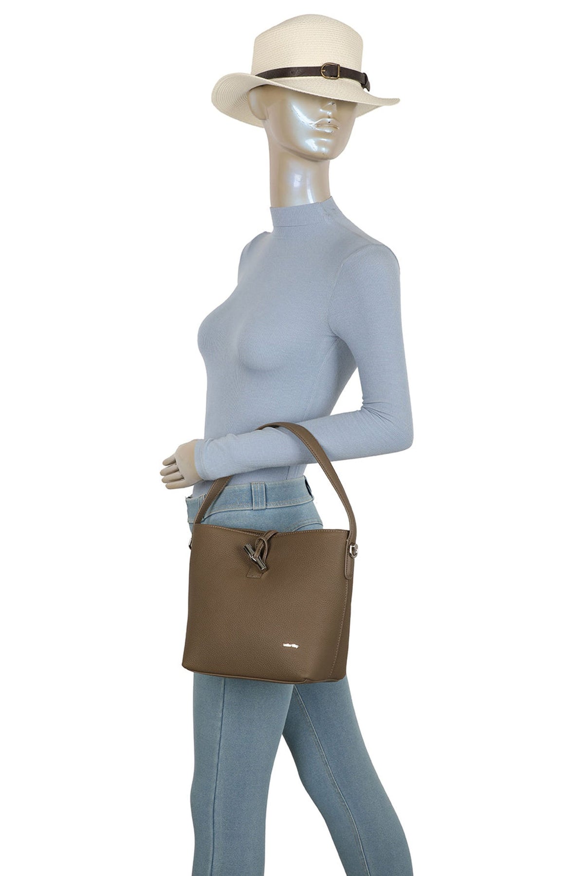 Real Leather Bucket Shoulder Handbag with Toggle Closure image 5