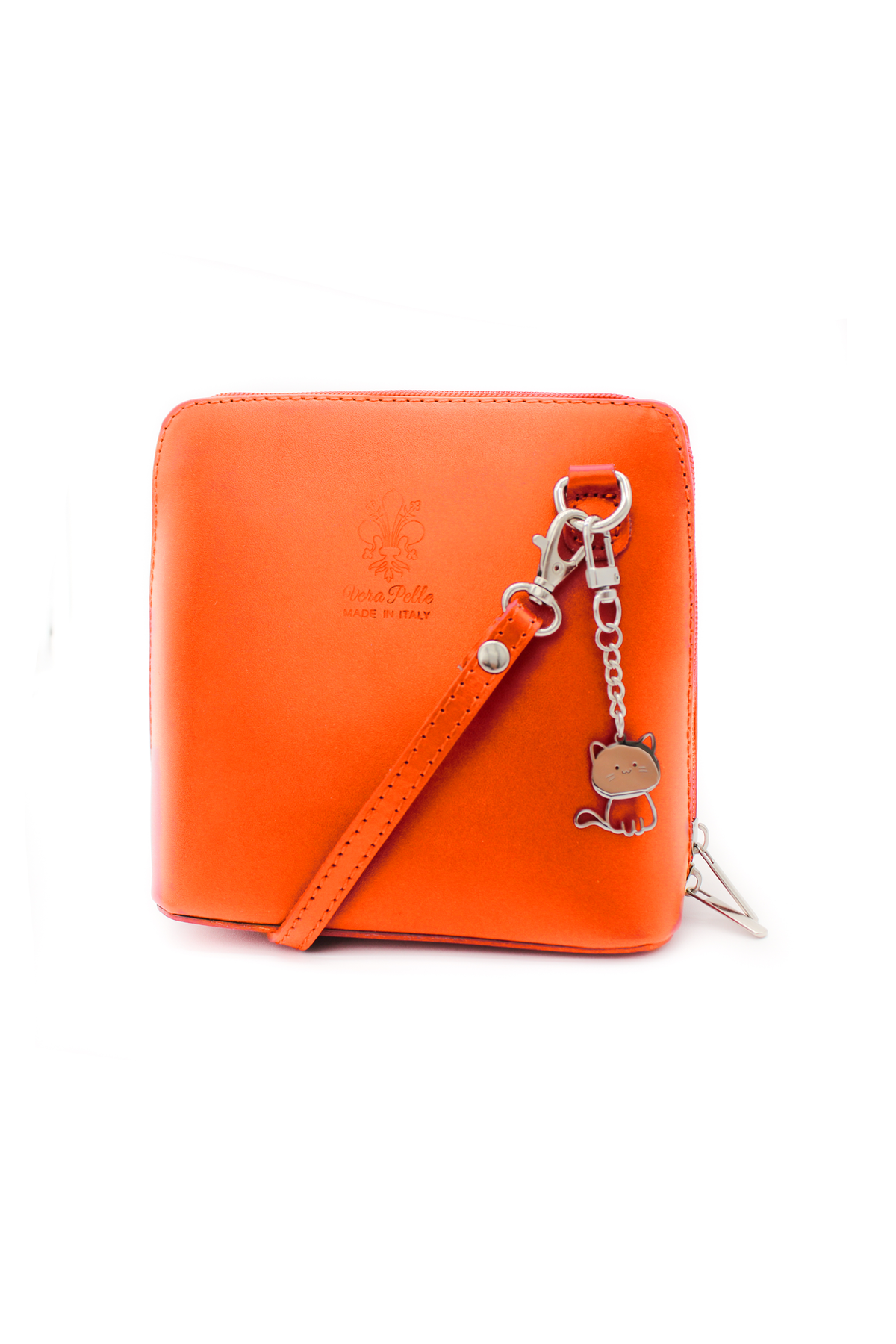 Small Italian Leather Handbag Crossbody Bag With Kitise Kitty Charm - Orange image