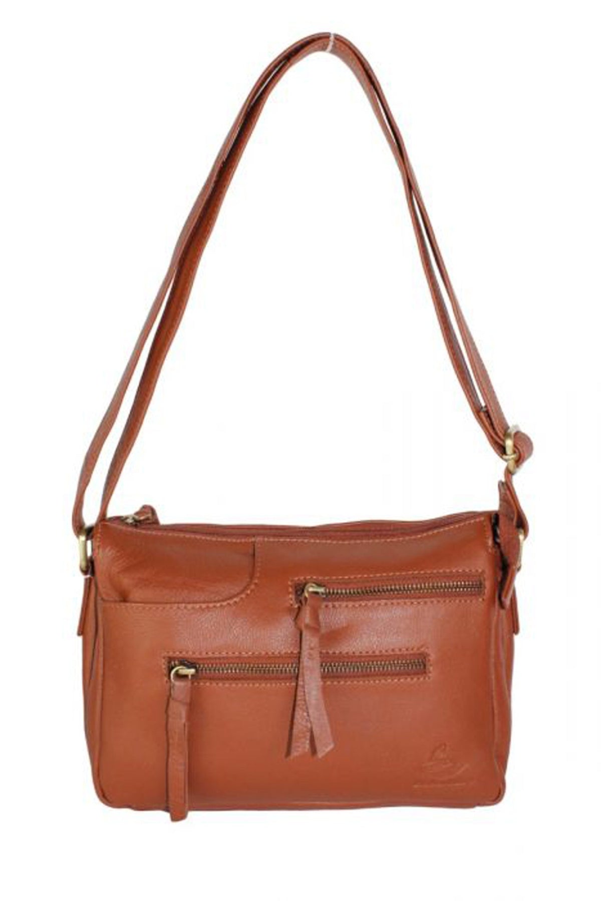 Double Front Zipper Compact Genuine Leather Shoulder Bag - BROWN image