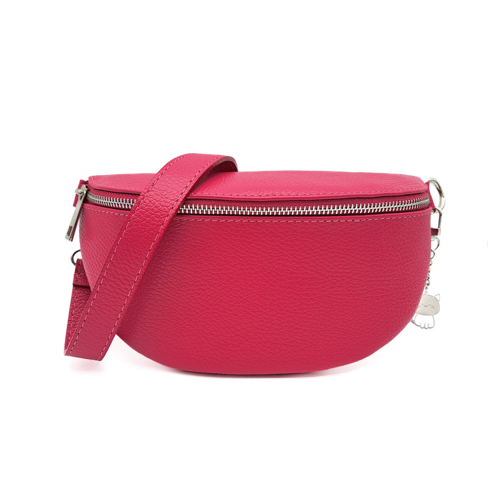 Italian Real Leather Bum Bag Style Crossbody Bag - FUCHSIA image