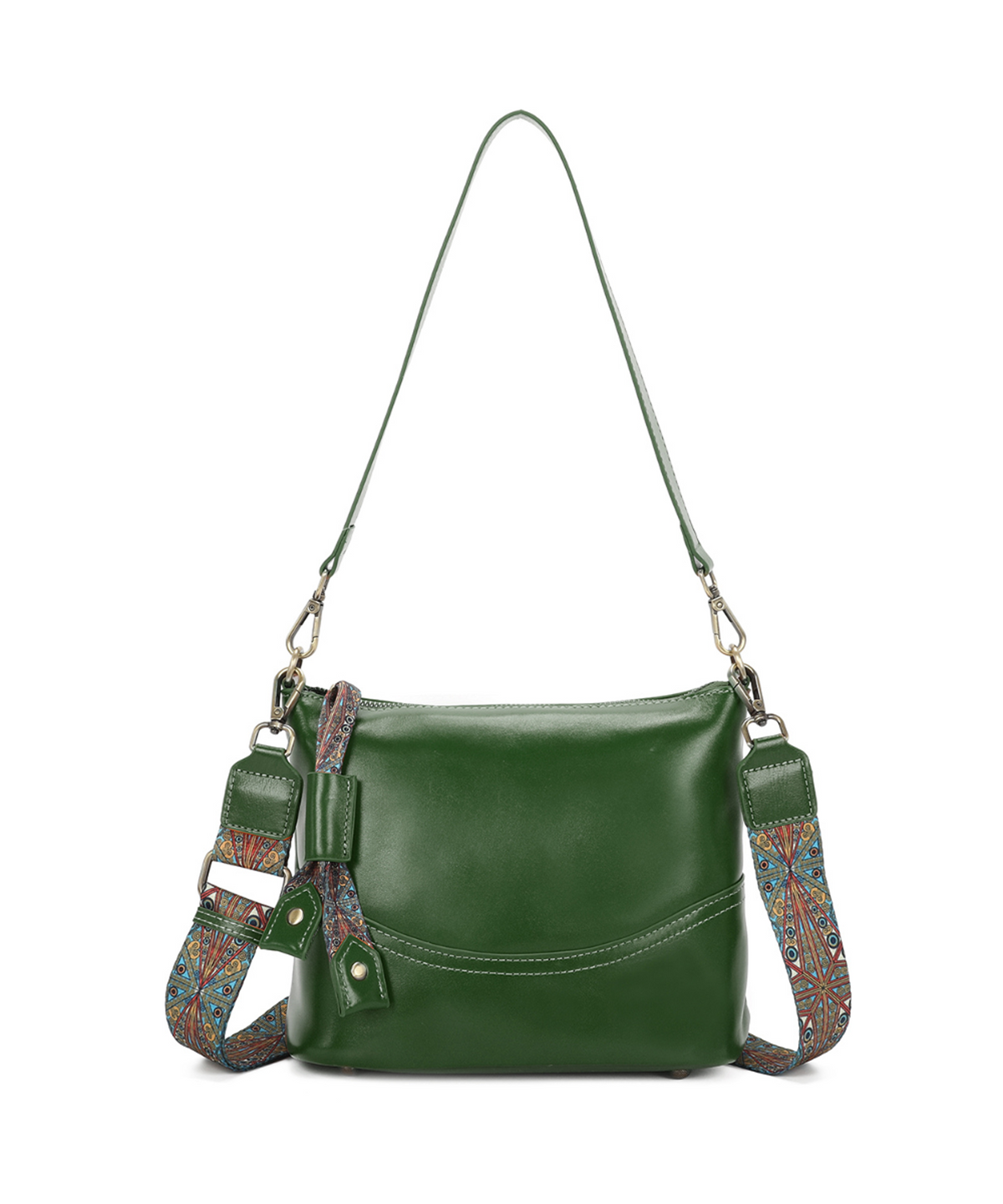 Boho-Chic Strap Genuine Leather Shoulder Bag - EMERALD image