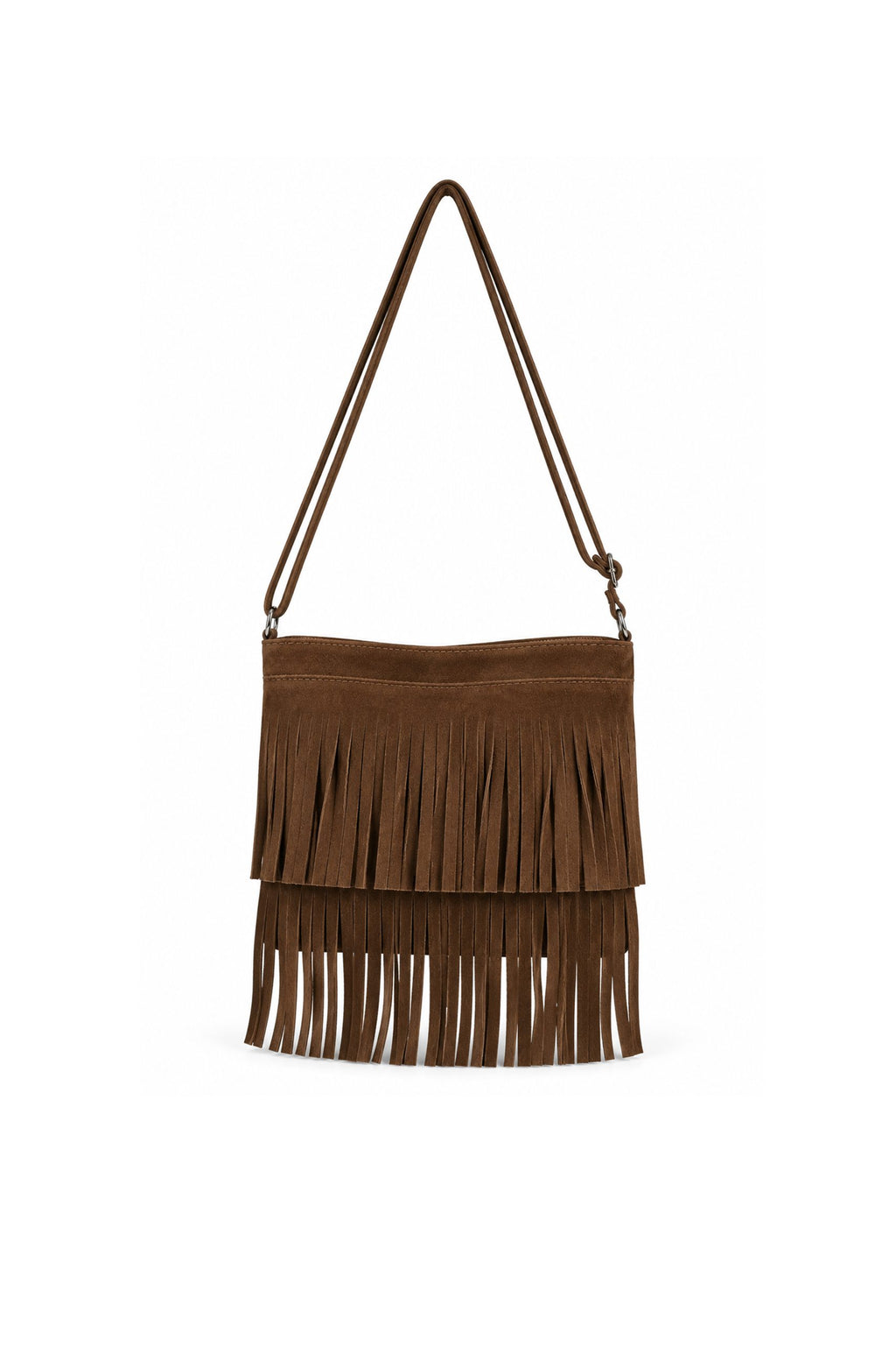 Genuine Italian Suede Fringe Crossbody Bag with Adjustable Strap - Coffee image