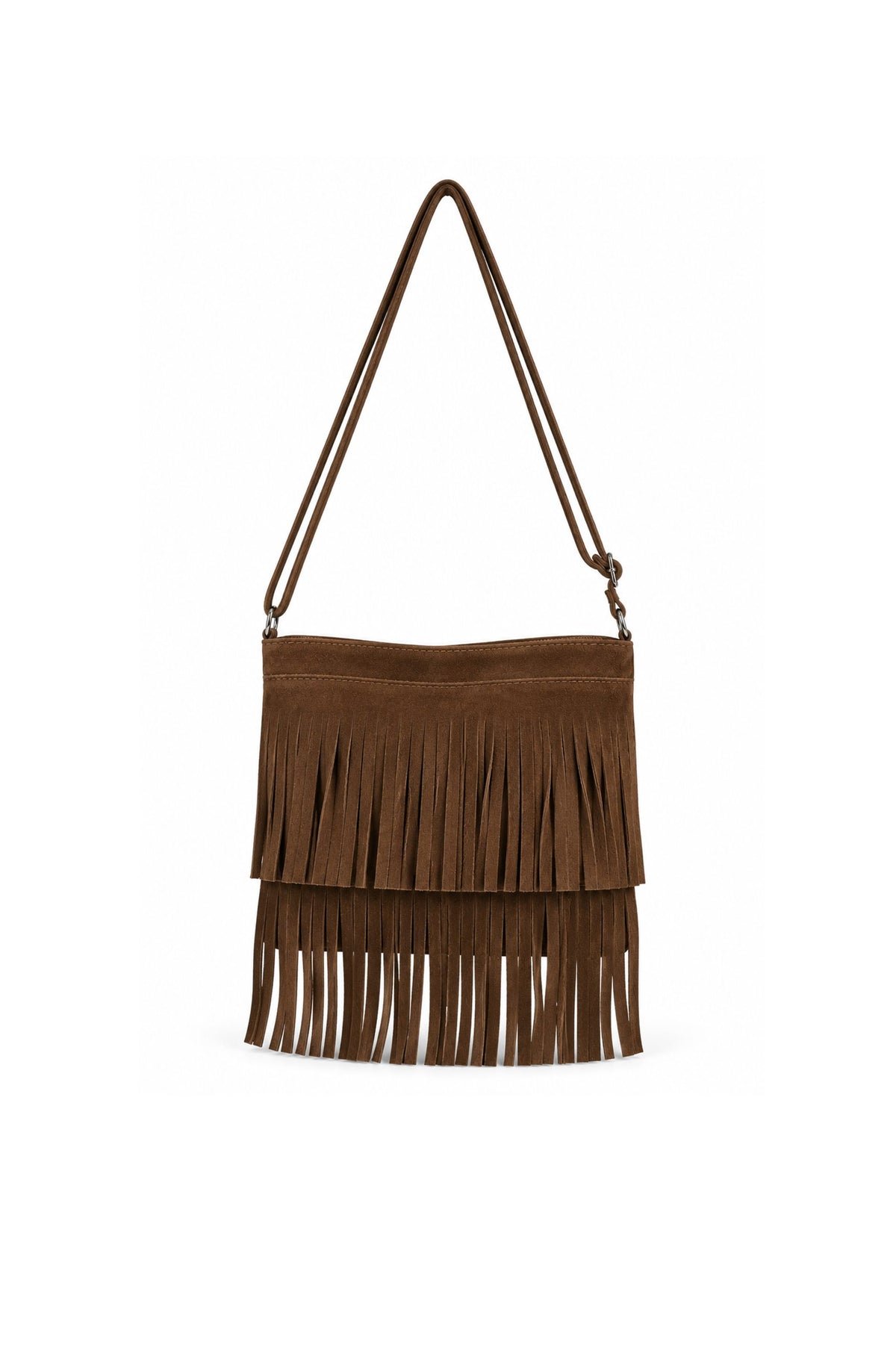 Genuine Italian Suede Fringe Crossbody Bag with Adjustable Strap - Coffee image