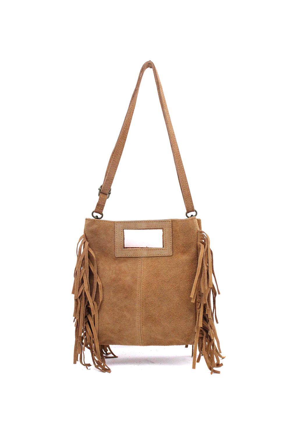 Genuine Italian Suede Crossbody Bag with Boho Fringe Design - Brown image