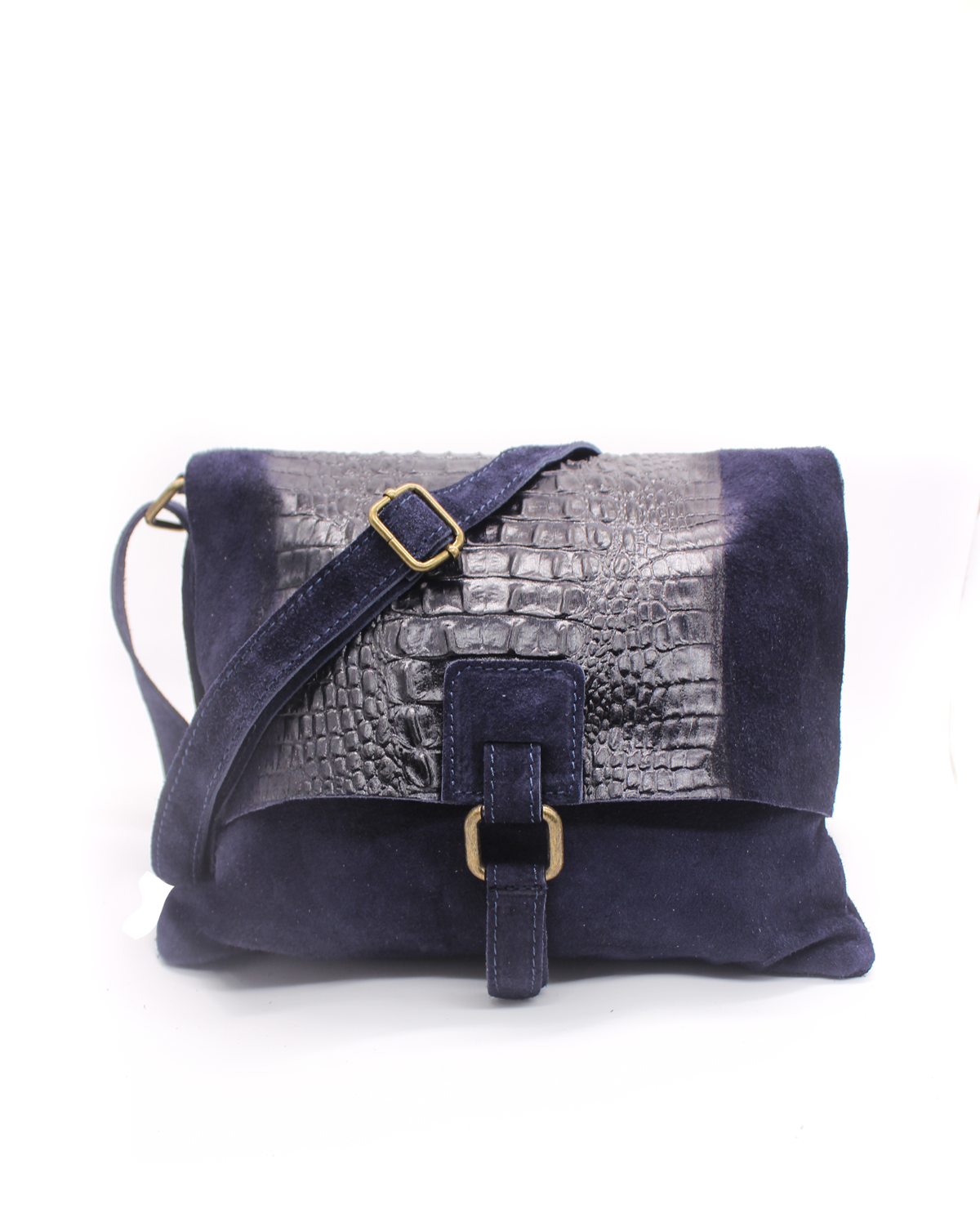 Italian Soft Suede Leather Croc Skin Pattern Flap Over Small Crossbody Bag - Navy image