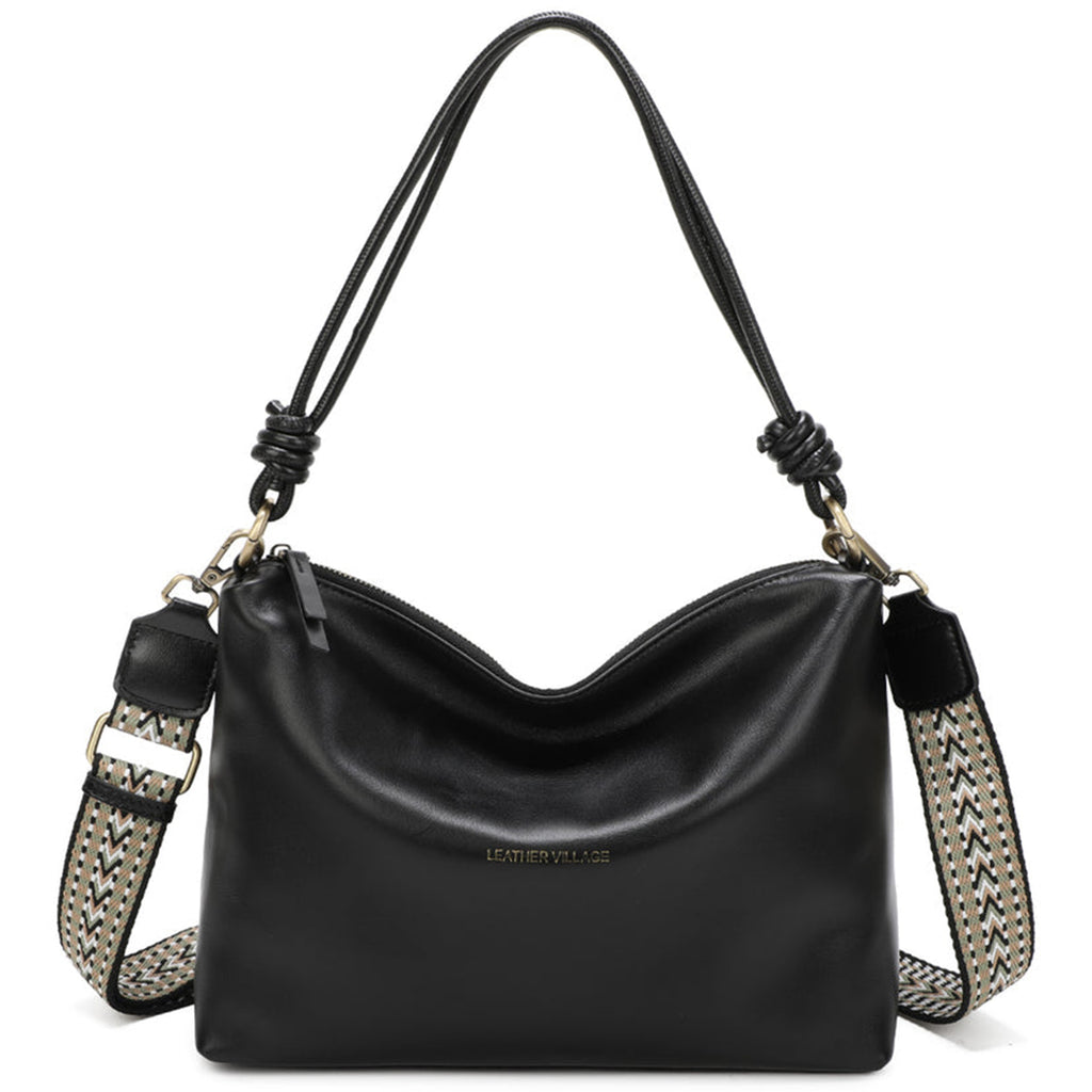 Genuine Leather Knotted Handle Crossbody Shoulder Bag - BLACK image