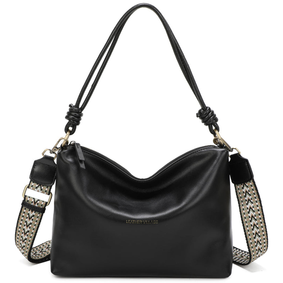 Genuine Leather Knotted Handle Crossbody Shoulder Bag - BLACK image