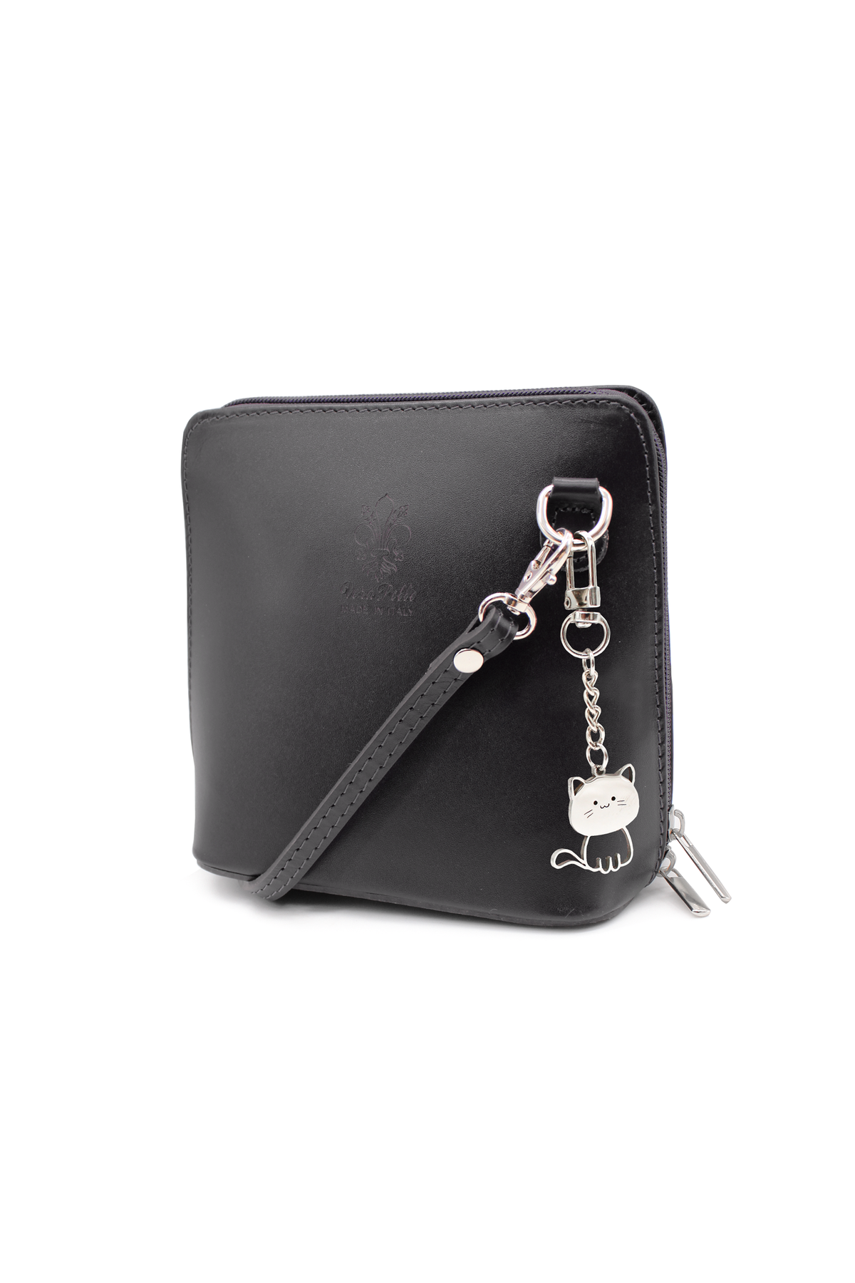 Small Italian Leather Handbag Crossbody Bag With Kitise Kitty Charm - Black image