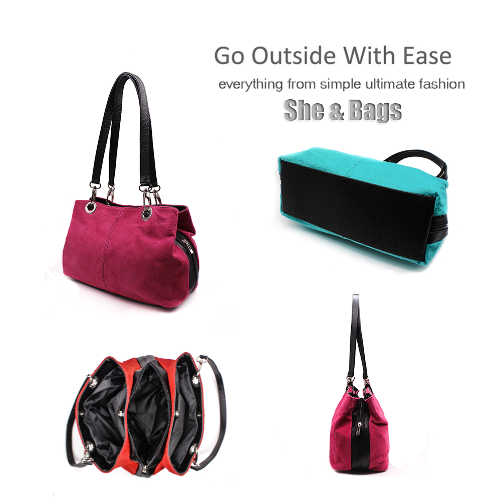 Real Italian Suede Vivid Colours Small 3 Compartments Tote Bag Stylish Shoulder Handbag image 3