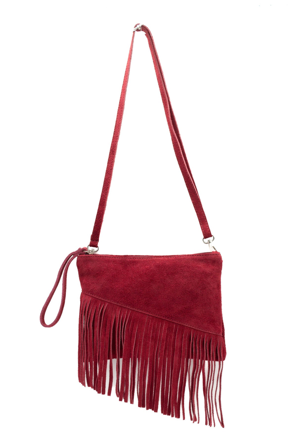 Small Multi-Functionla Fringe Italian Suede Leather Wristlet Purse Bag Crossobody Handbag - RED image