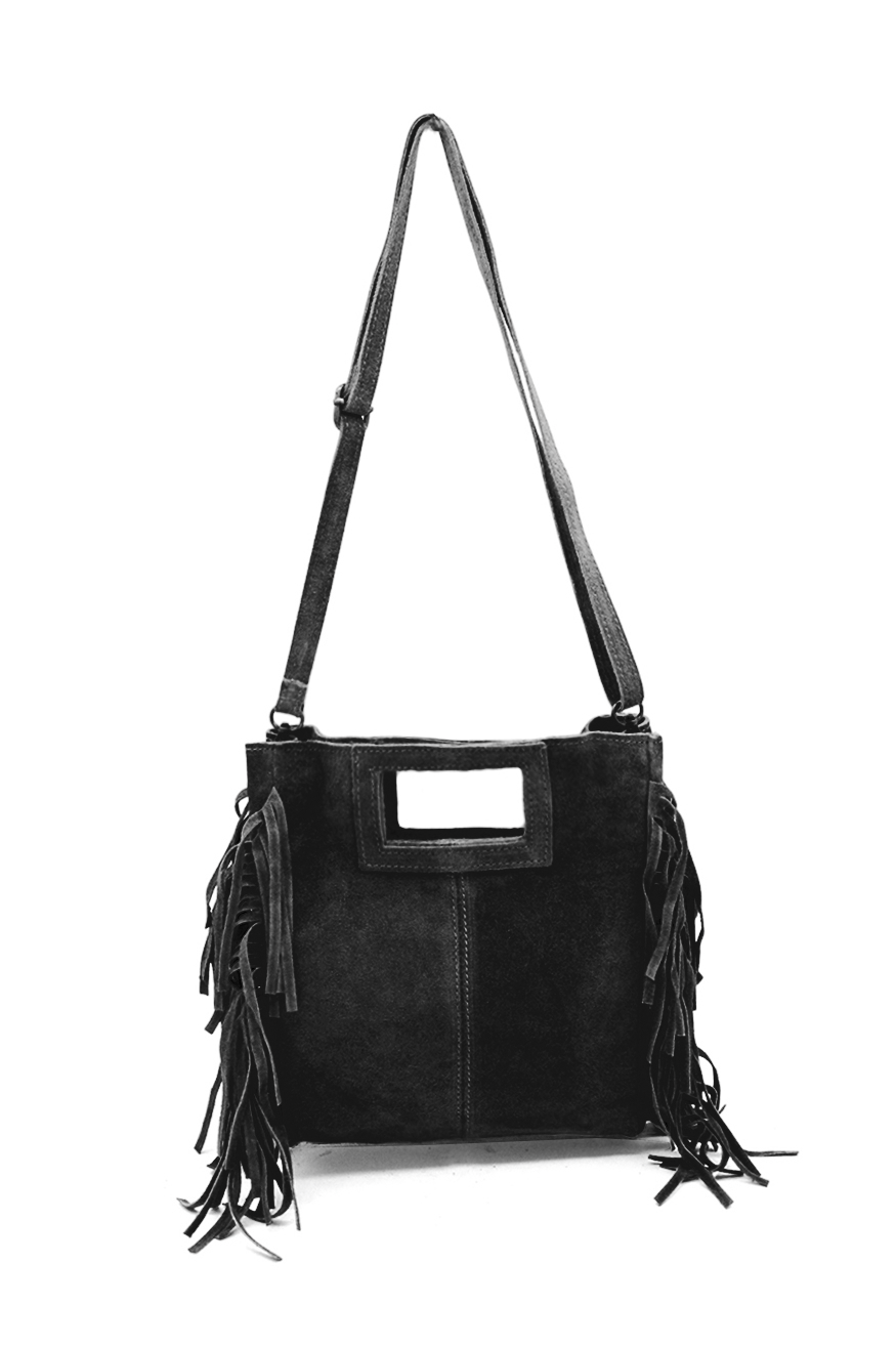 Genuine Italian Suede Crossbody Bag with Boho Fringe Design - Black image