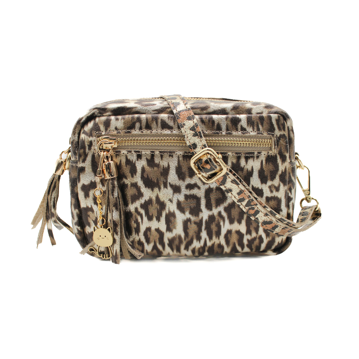 Genuine Italian Leather Metallic Leopard Print Crossbody Bag - GREY image