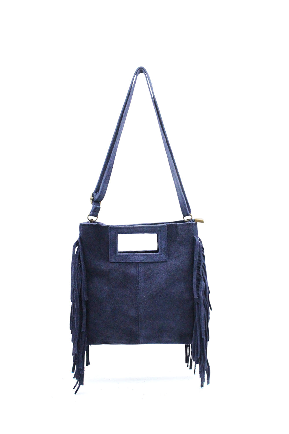 Genuine Italian Suede Crossbody Bag with Boho Fringe Design - Navy image