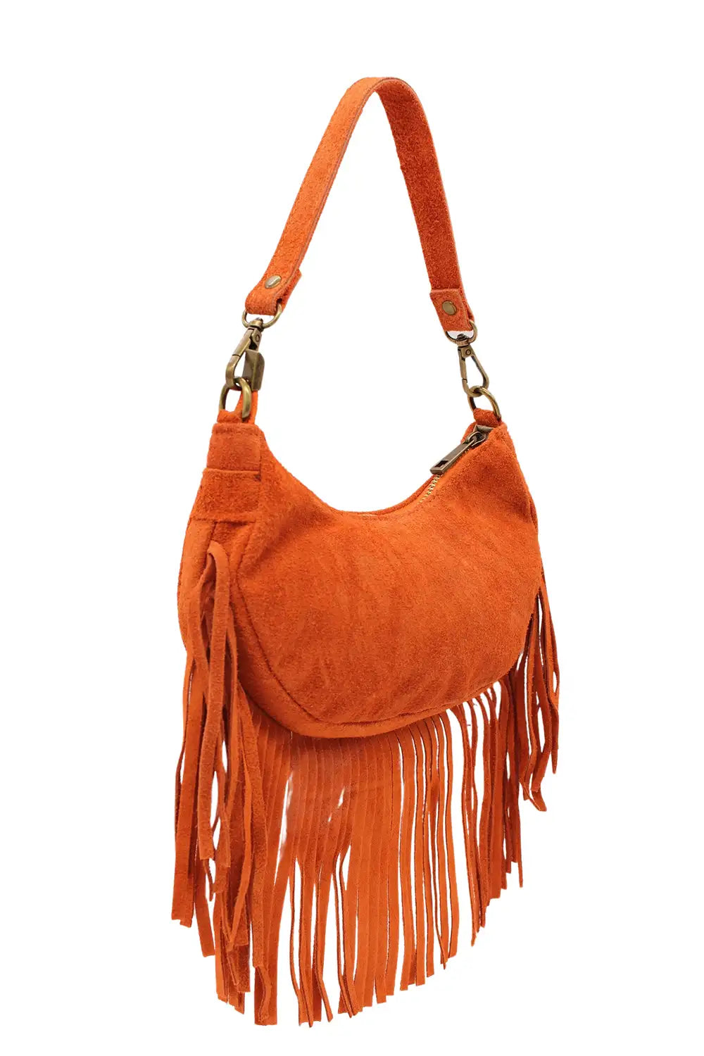 Small Genuine Italian Suede Fringed Crossbody Shoulder Bag - ORANGE image