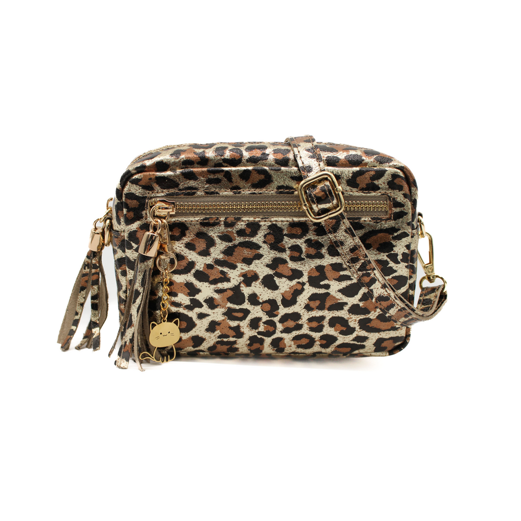 Genuine Italian Leather Metallic Leopard Print Crossbody Bag - BROWN image