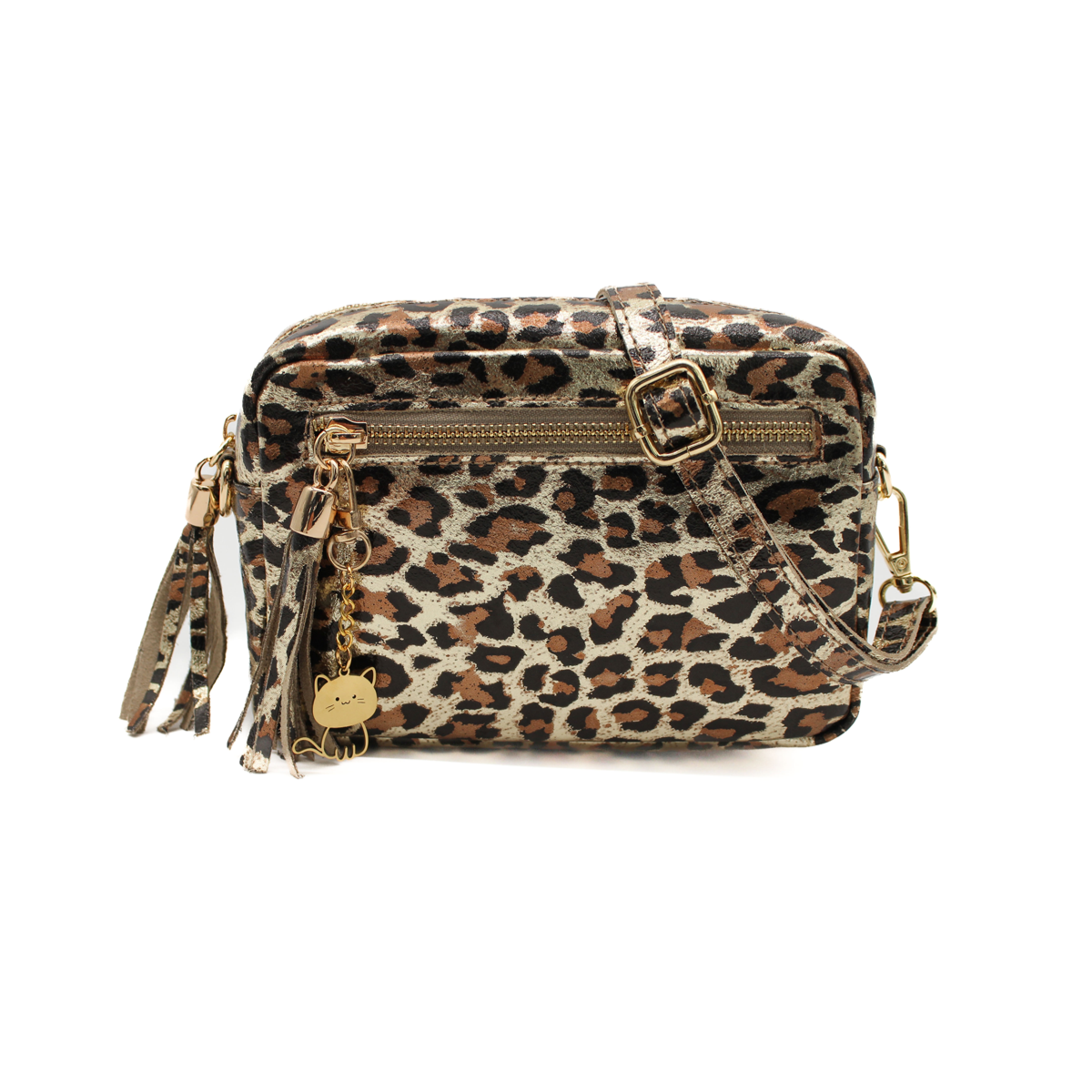 Genuine Italian Leather Metallic Leopard Print Crossbody Bag - BROWN image