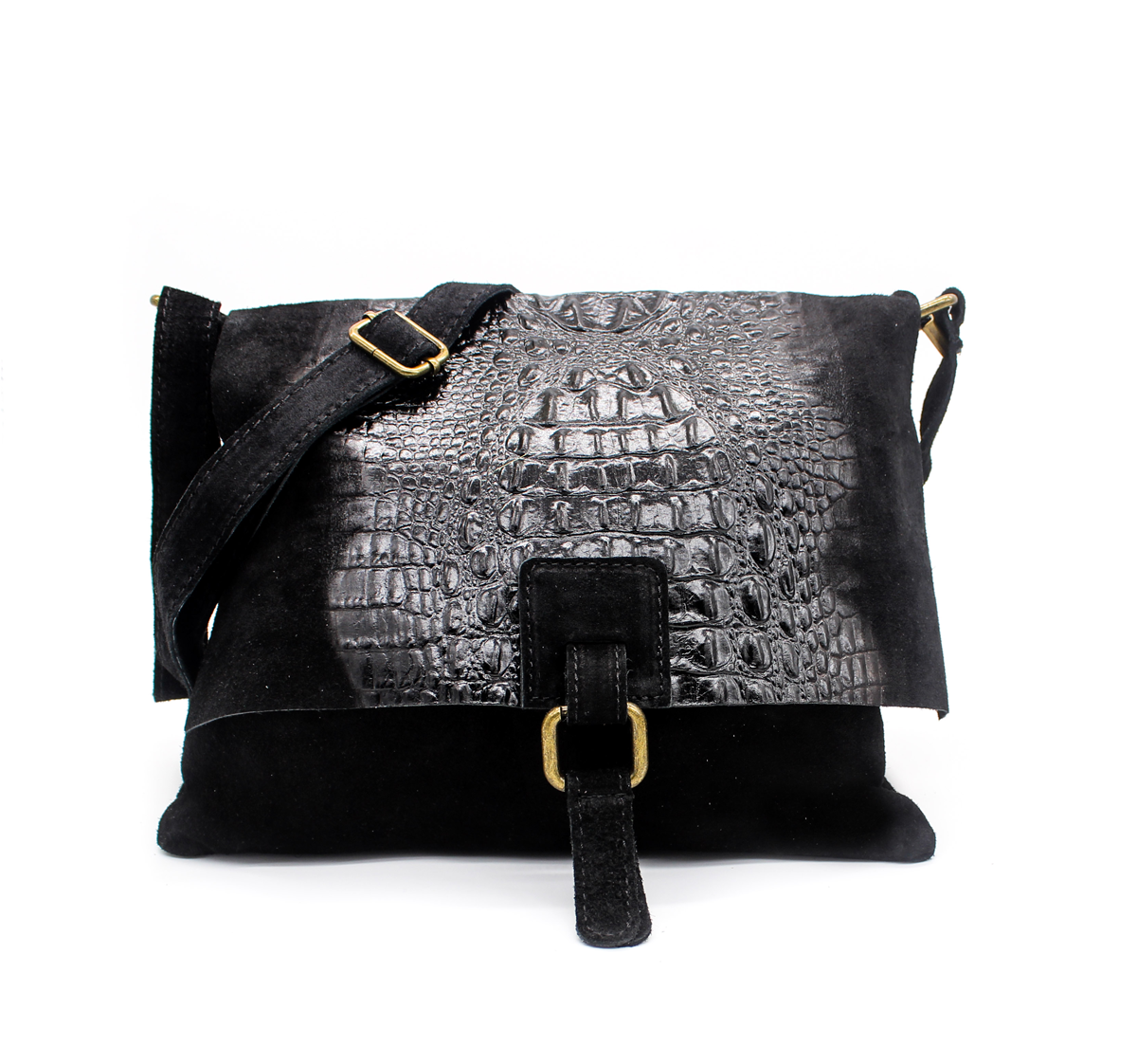 Italian Soft Suede Leather Croc Skin Pattern Flap Over Small Crossbody Bag - Black image
