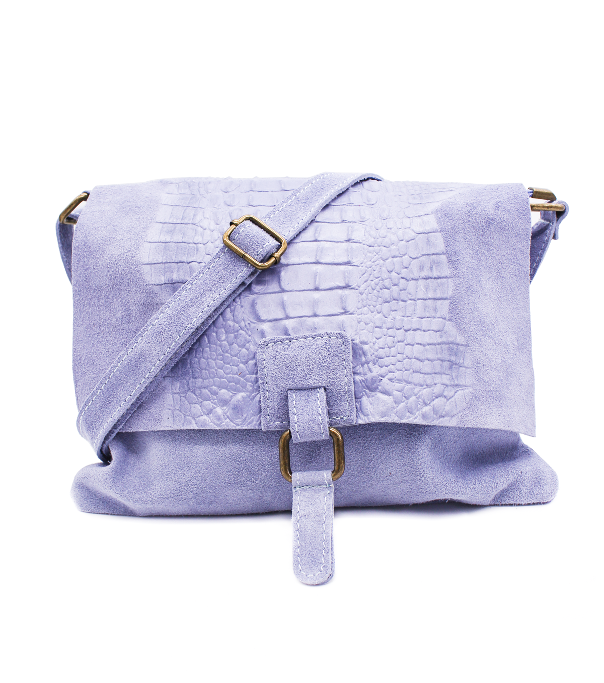 Italian Soft Suede Leather Croc Skin Pattern Flap Over Small Crossbody Bag - Light Blue image
