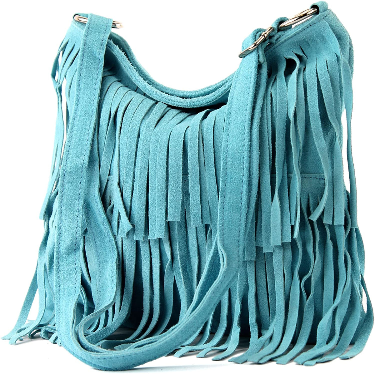 Italian Real Suede Leather Fringed Shoulder - Cross body Handbag - Sky Blue image