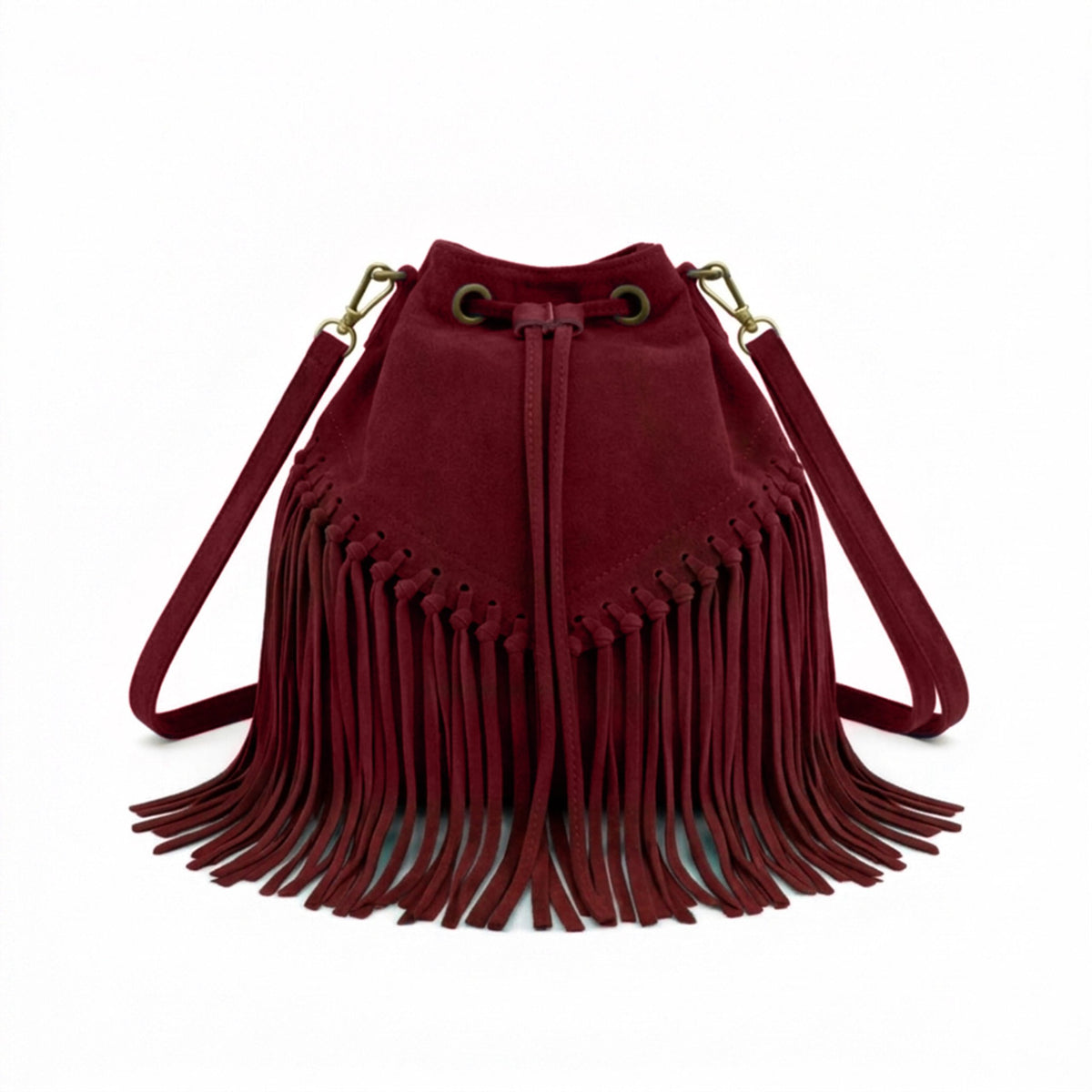 Soft Real Suede Leather Boho Fringe Bucket Shoulder Bag - DARK RED image