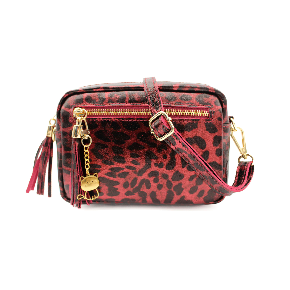 Genuine Italian Leather Metallic Leopard Print Crossbody Bag - RED image