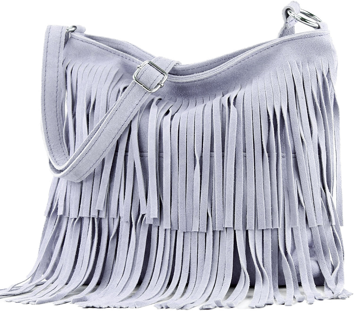 Italian Real Suede Leather Fringed Shoulder - Cross body Handbag - Light Blue image