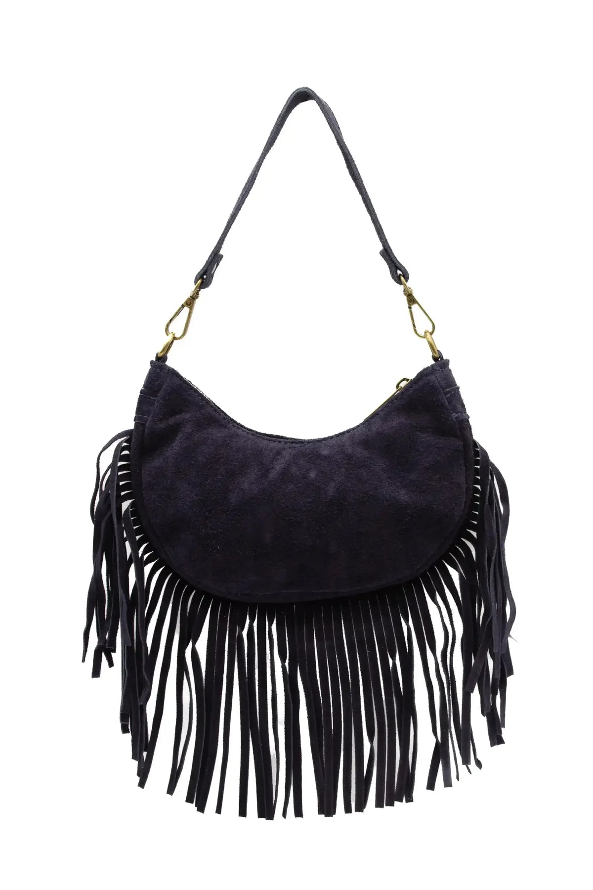 Small Genuine Italian Suede Fringed Crossbody Shoulder Bag - NAVY image
