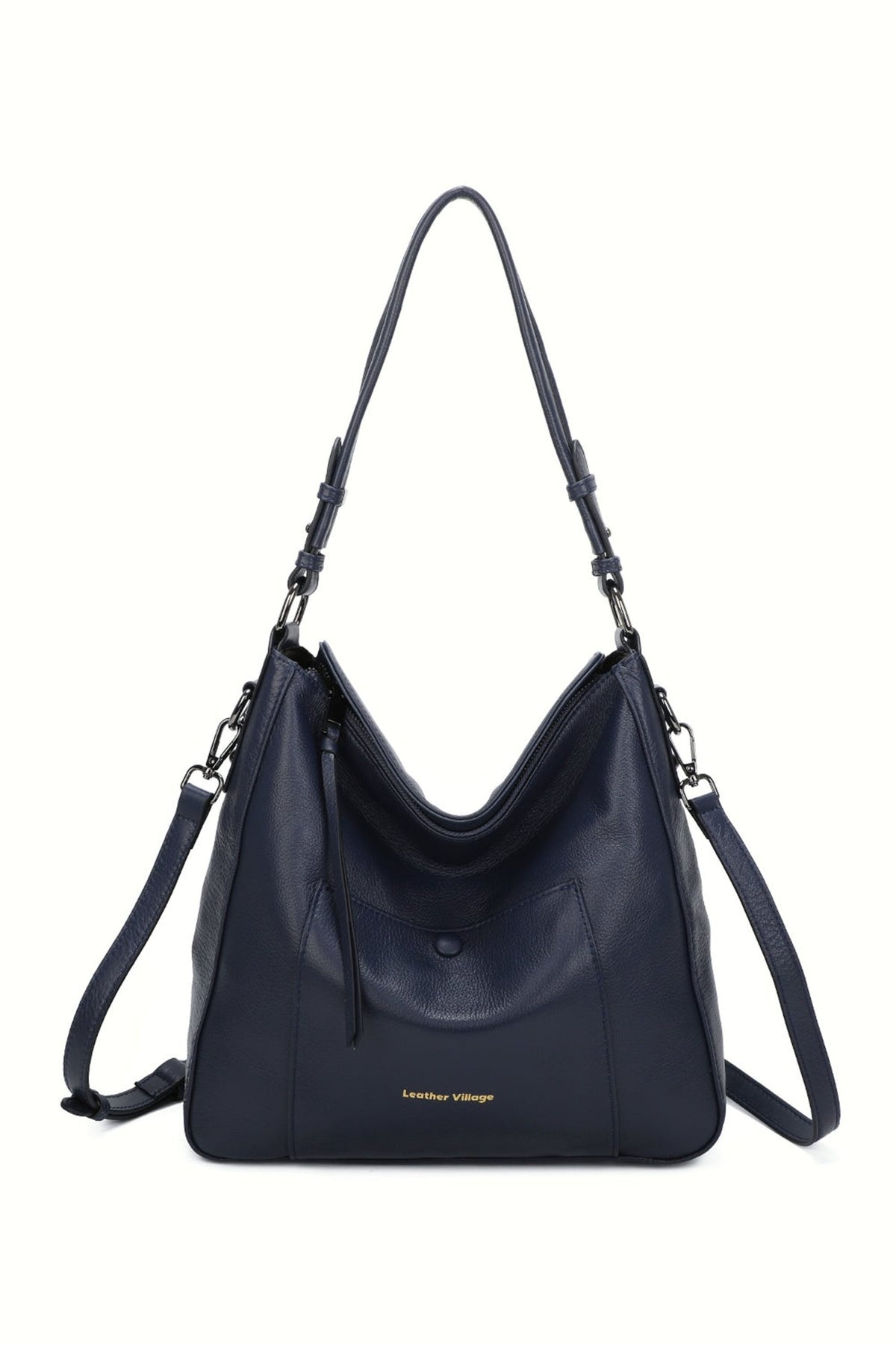 Genuine Leather Large Tote Shoulder Bag Front Pocket - NAVY image