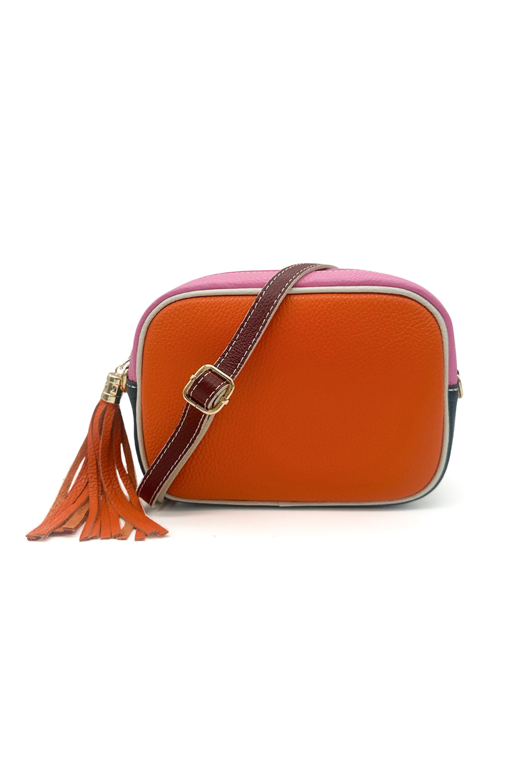 Italian Leather Colorblock Crossbody Camera Bag with Tassel - Orange image