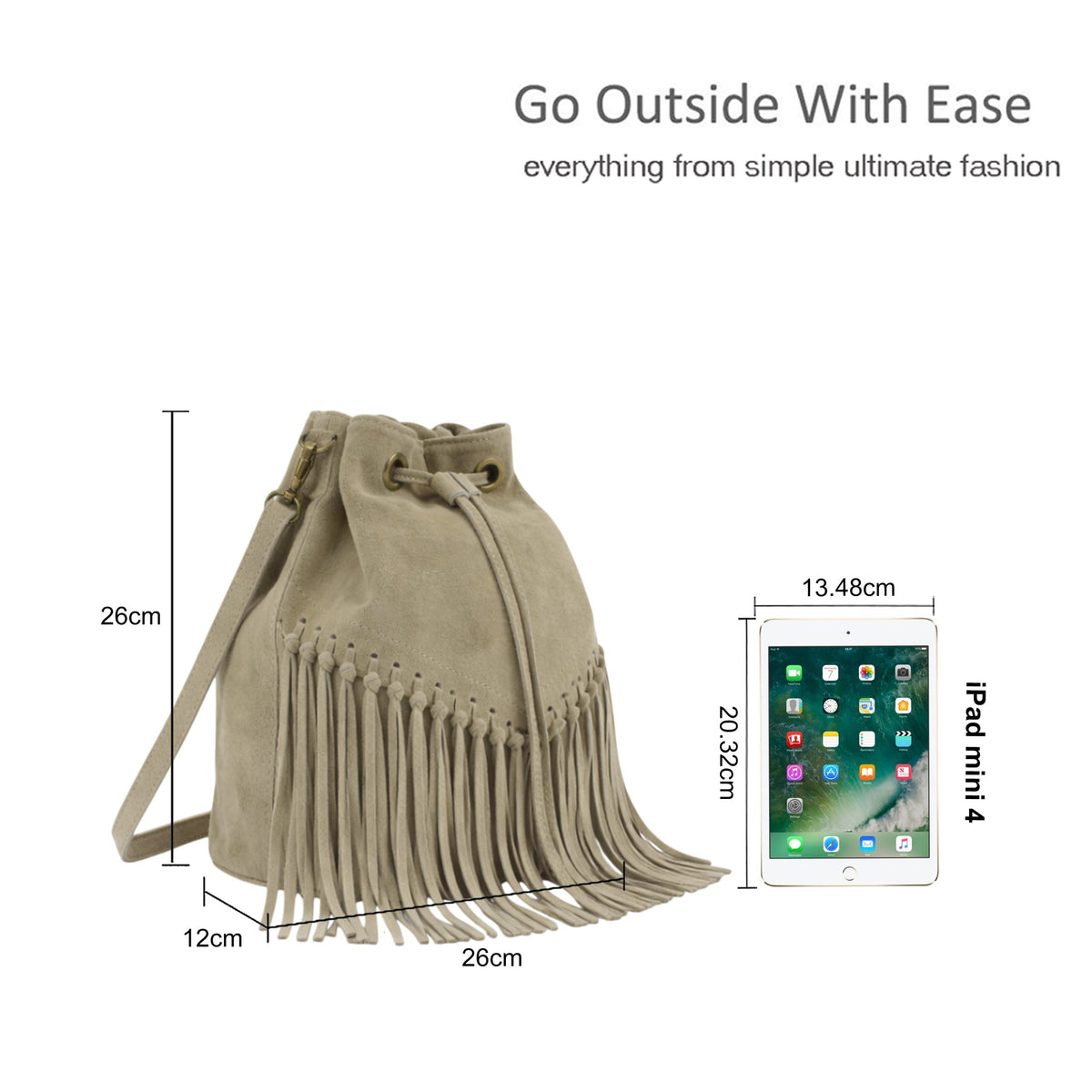 Soft Real Suede Leather Boho Fringe Bucket Shoulder Bag image 1