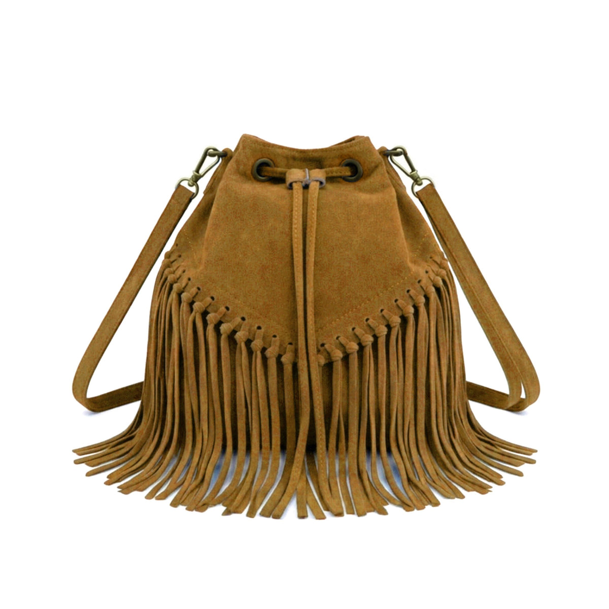 Soft Real Suede Leather Boho Fringe Bucket Shoulder Bag - BROWN image